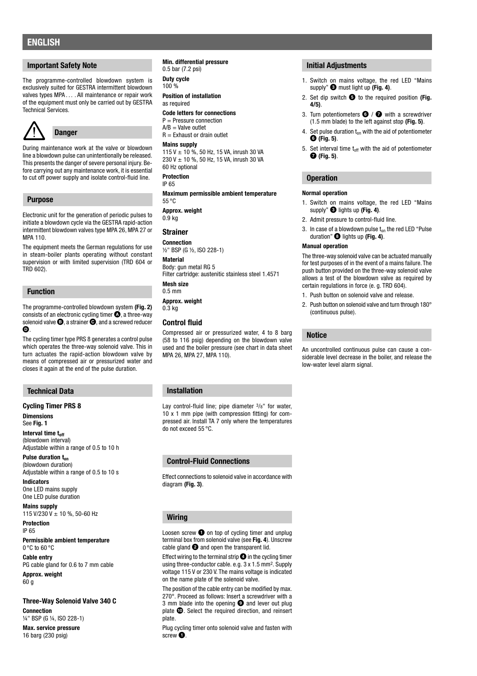 English, Technical data, Purpose | Function, Installation, Strainer, Control fluid, Control-fluid connections, Wiring, Initial adjustments | Flowserve TA 7 User Manual | Page 4 / 8
