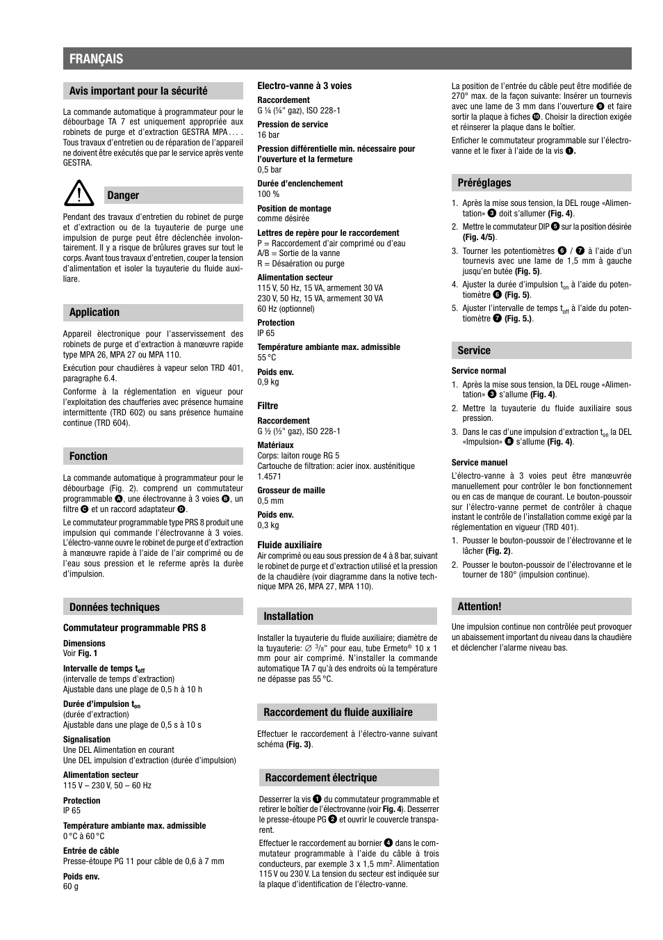 Français, Avis important pour la sécurité danger, Données techniques | Application, Fonction, Installation, Raccordement du fluide auxiliaire, Raccordement électrique, Préréglages, Service | Flowserve TA 7 User Manual | Page 5 / 8