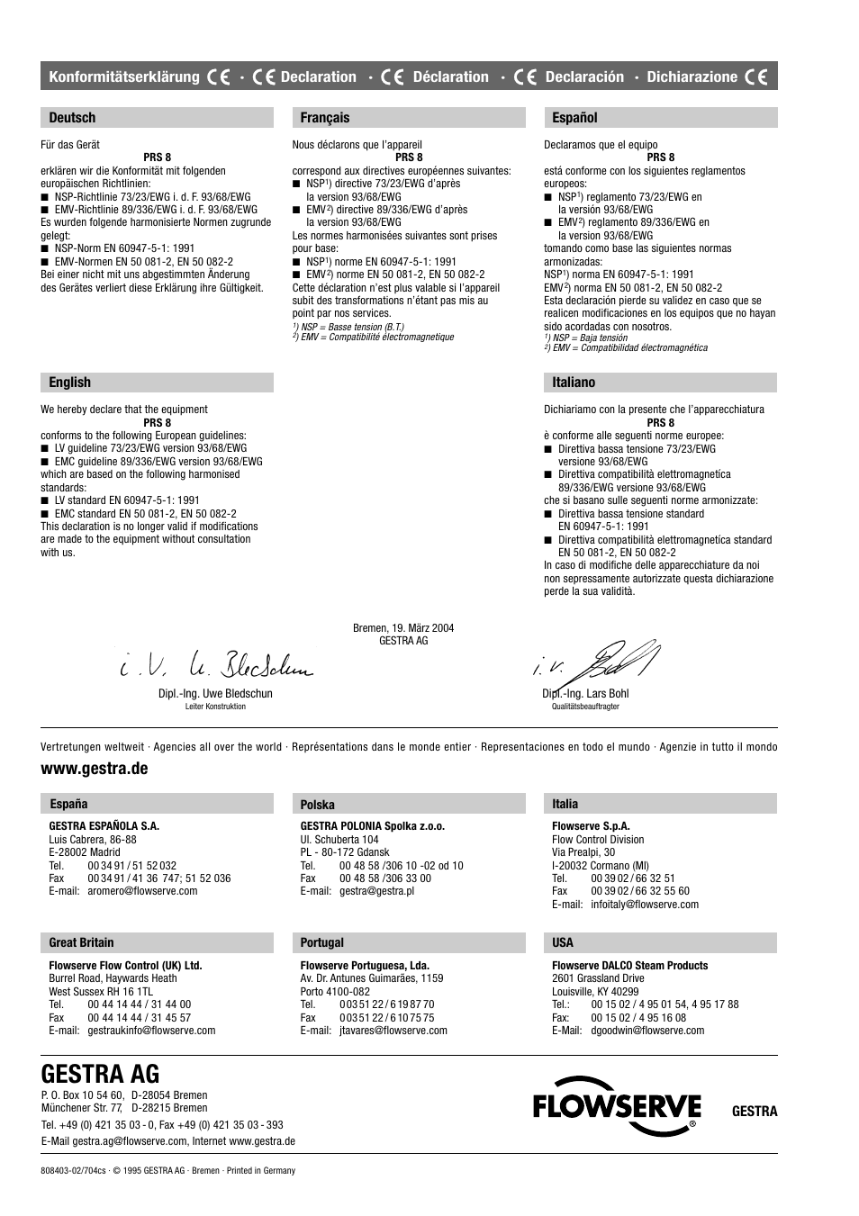 Gestra ag, Gestra, Deutsch | Français, English, Español, Italiano | Flowserve TA 7 User Manual | Page 8 / 8