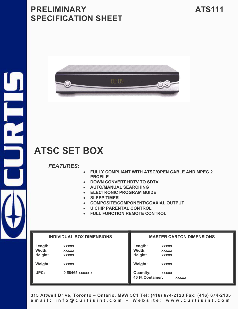 Curtis ATSC ATS111 User Manual | 1 page