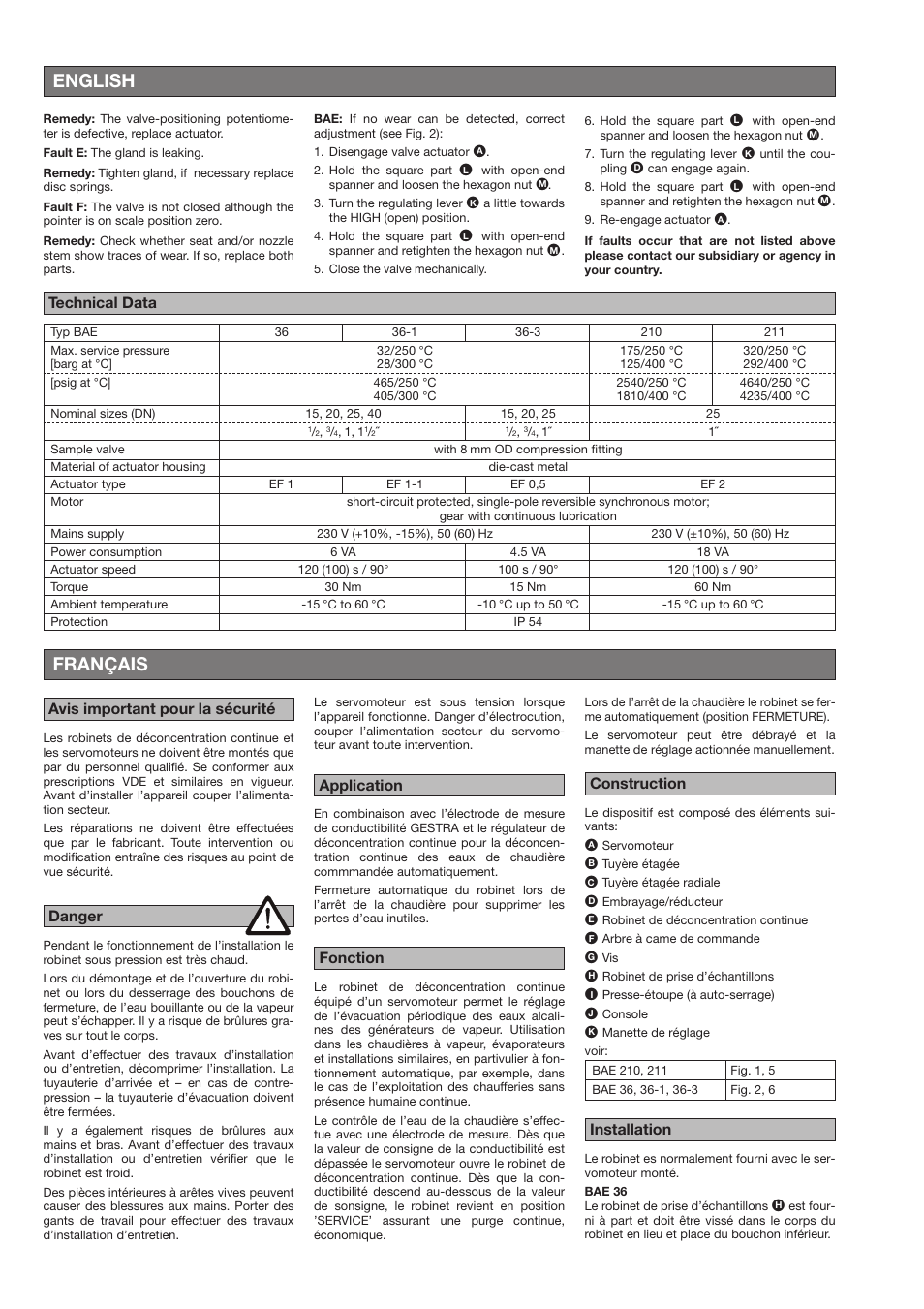 Français, English, Technical data | Danger | Flowserve BAE-ZKE User Manual | Page 10 / 18