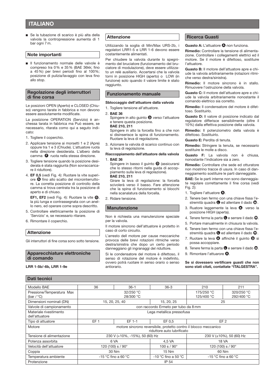 Italiano, Manutenzione dati tecnici ricerca guasti | Flowserve BAE-ZKE User Manual | Page 15 / 18