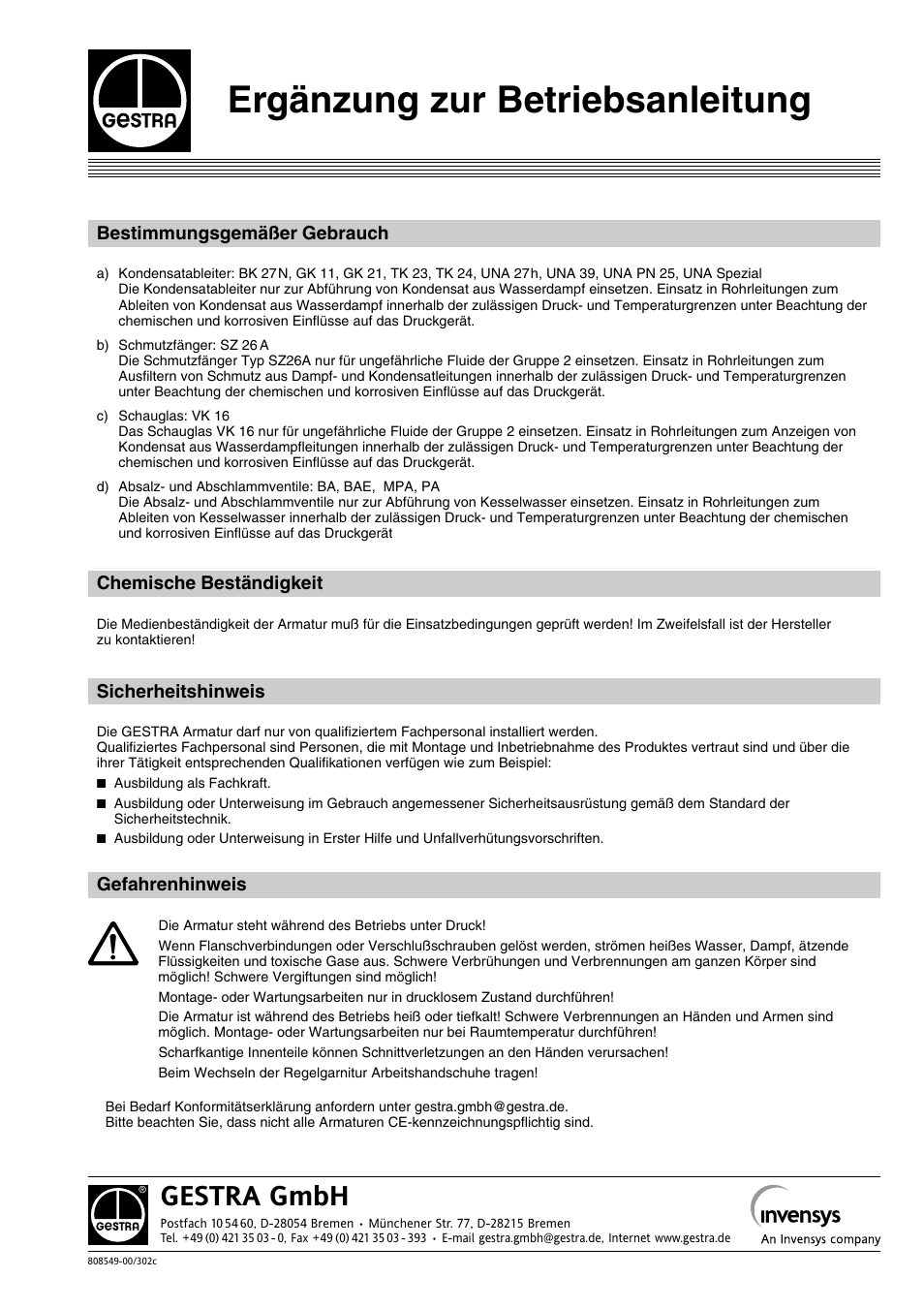 Ergänzung zur betriebsanleitung, Gestra gmbh, Bestimmungsgemäßer gebrauch | Chemische beständigkeit, Sicherheitshinweis, Gefahrenhinweis | Flowserve BAE-ZKE User Manual | Page 17 / 18