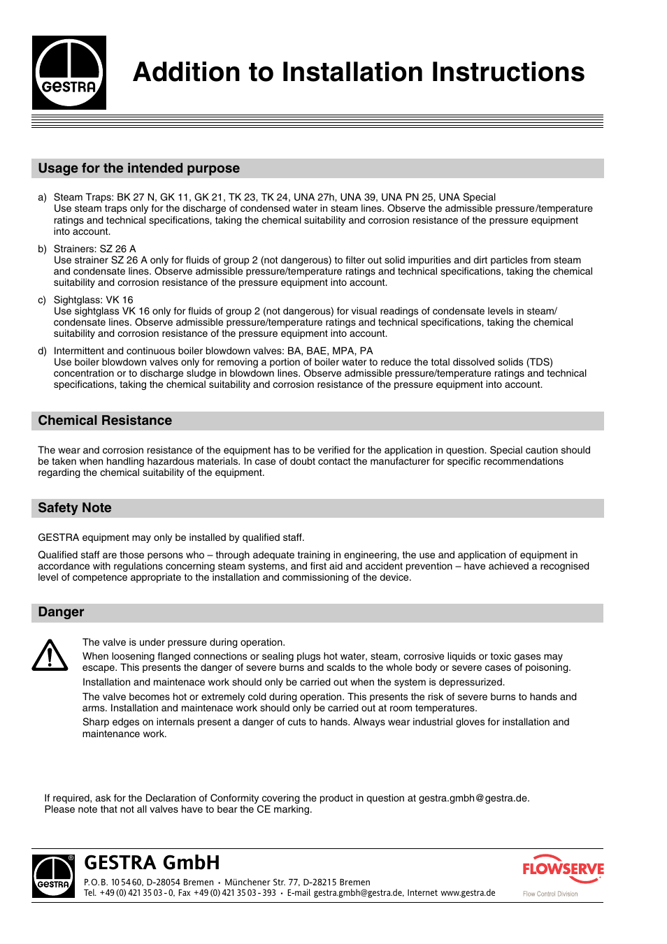 Addition to installation instructions, Gestra gmbh | Flowserve BAE-ZKE User Manual | Page 18 / 18
