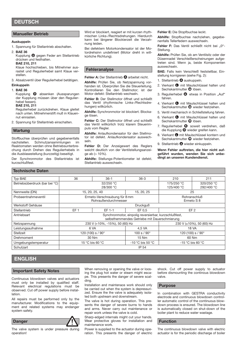 Deutsch english, Danger purpose function | Flowserve BAE-ZKE User Manual | Page 8 / 18