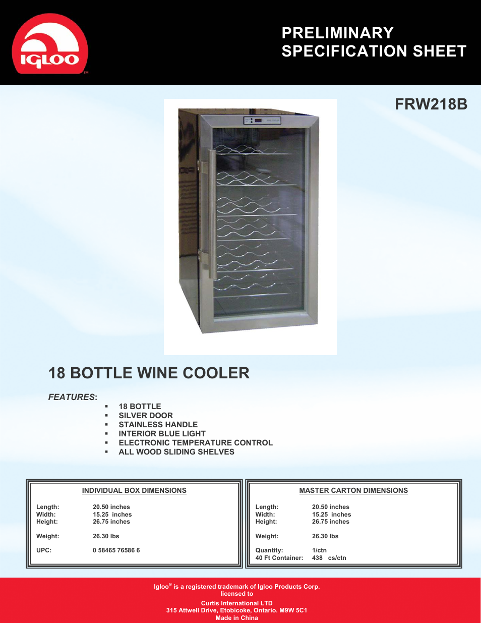 Curtis FRW218B User Manual | 1 page