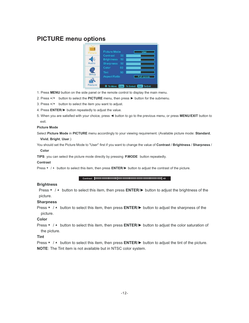 Picture menu options | Curtis LCDVD195A User Manual | Page 13 / 34