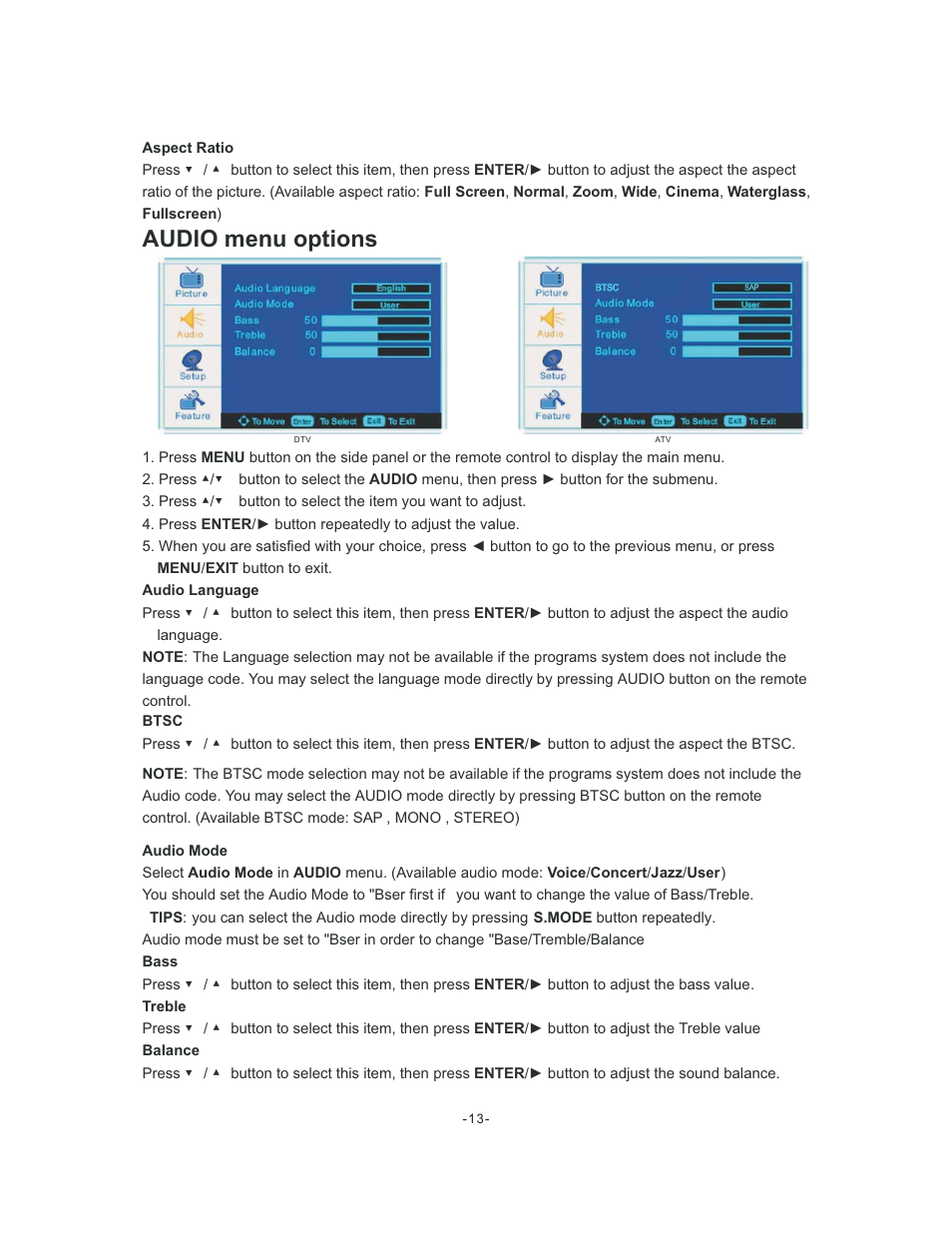 Audio menu options | Curtis LCDVD195A User Manual | Page 14 / 34