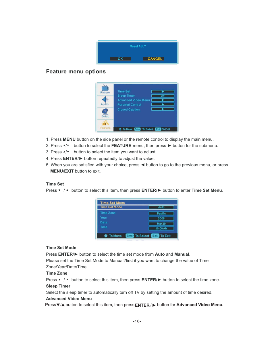 Feature menu options | Curtis LCDVD195A User Manual | Page 17 / 34