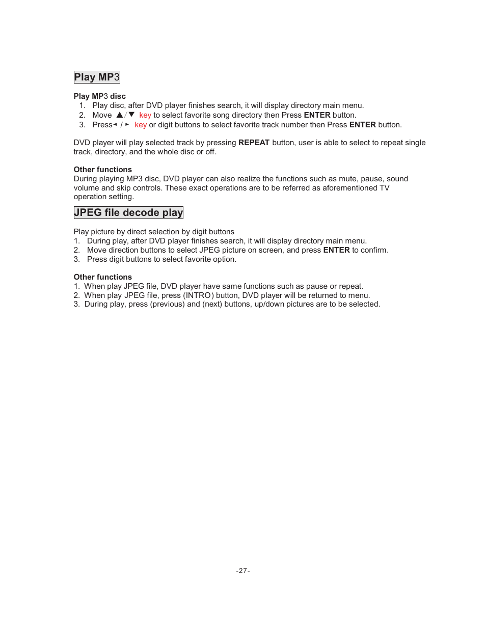 Play mp 3, Jpeg file decode play | Curtis LCDVD195A User Manual | Page 28 / 34
