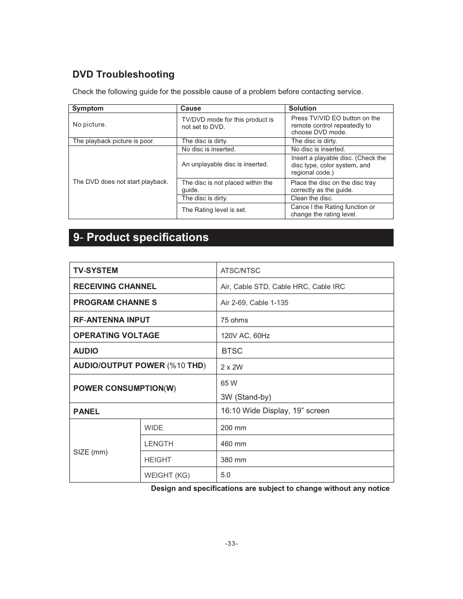 9 - product specifications, Dvd troubleshooting | Curtis LCDVD195A User Manual | Page 34 / 34