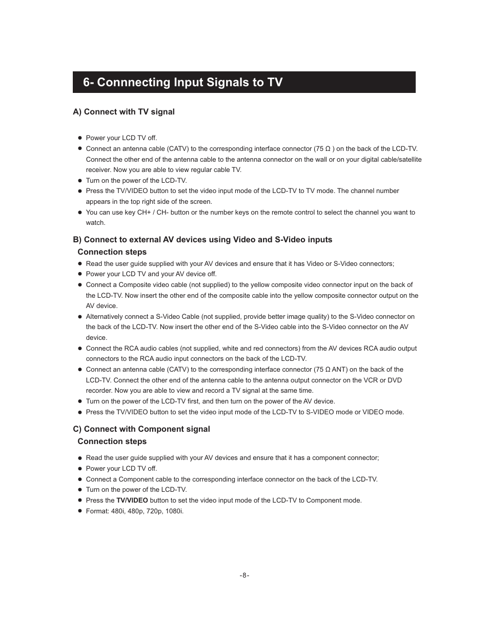 Connnecting input signals to tv | Curtis LCDVD195A User Manual | Page 9 / 34