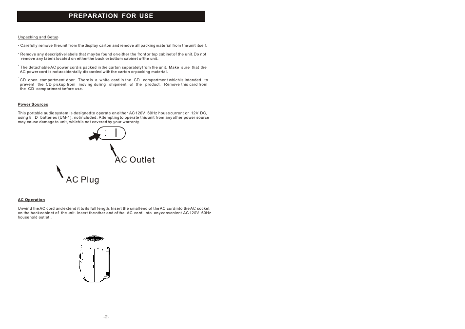 Ac plug ac outlet, Preparation for use | Curtis RCD 310E User Manual | Page 2 / 7