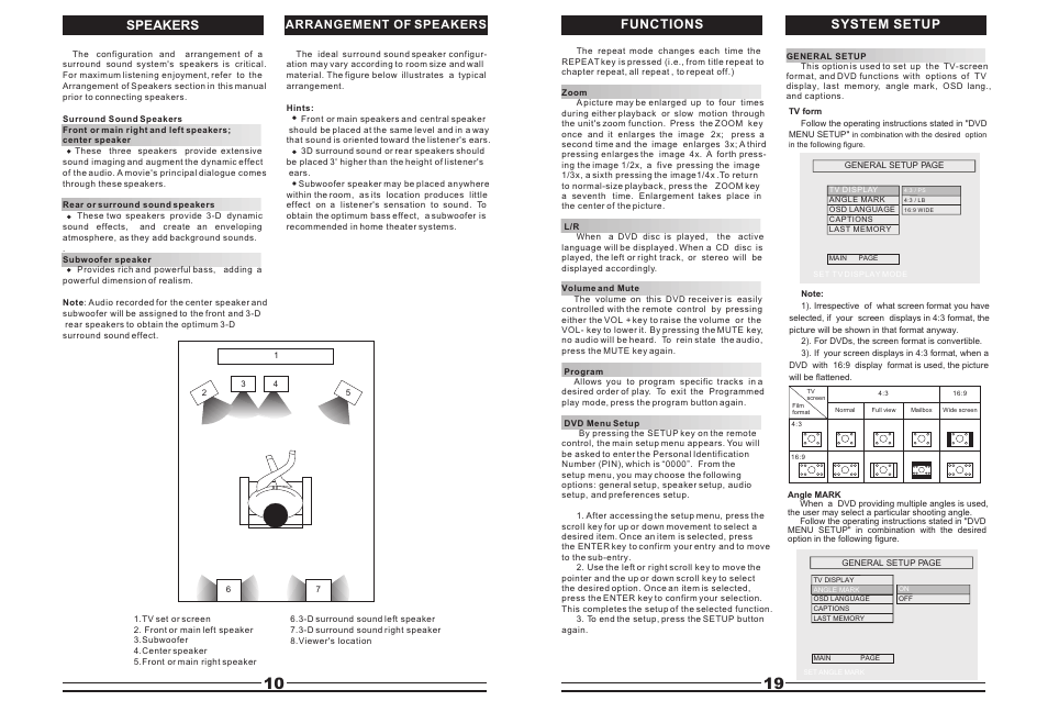 Т³гж 11, Speakers, Functions system setup | Arrangement of speakers | Curtis DVD5045 User Manual | Page 11 / 15