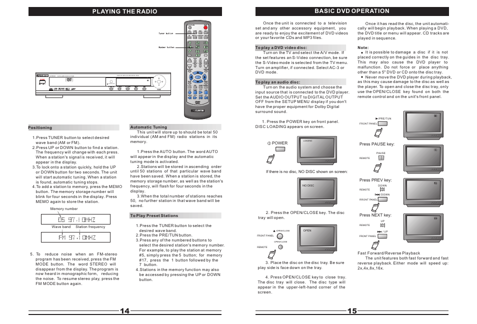 Т³гж 15, Open/close, Playing the radio basic dvd operation | Curtis DVD5045 User Manual | Page 15 / 15