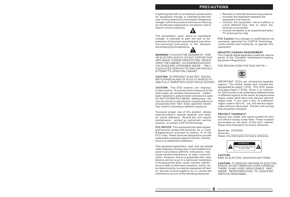 Т³гж 2, Precautions | Curtis DVD5045 User Manual | Page 2 / 15