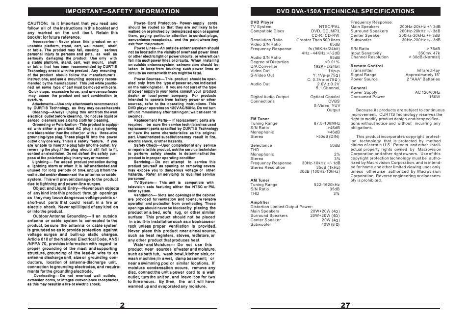 Т³гж 3, Important--safety information, Dvd dva-150a technical specifications | Curtis DVD5045 User Manual | Page 3 / 15