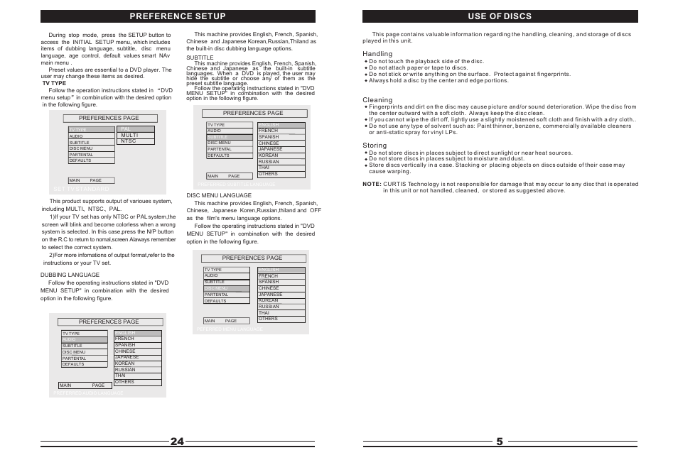 Т³гж 6, Preference setup, Use of discs | Curtis DVD5045 User Manual | Page 6 / 15
