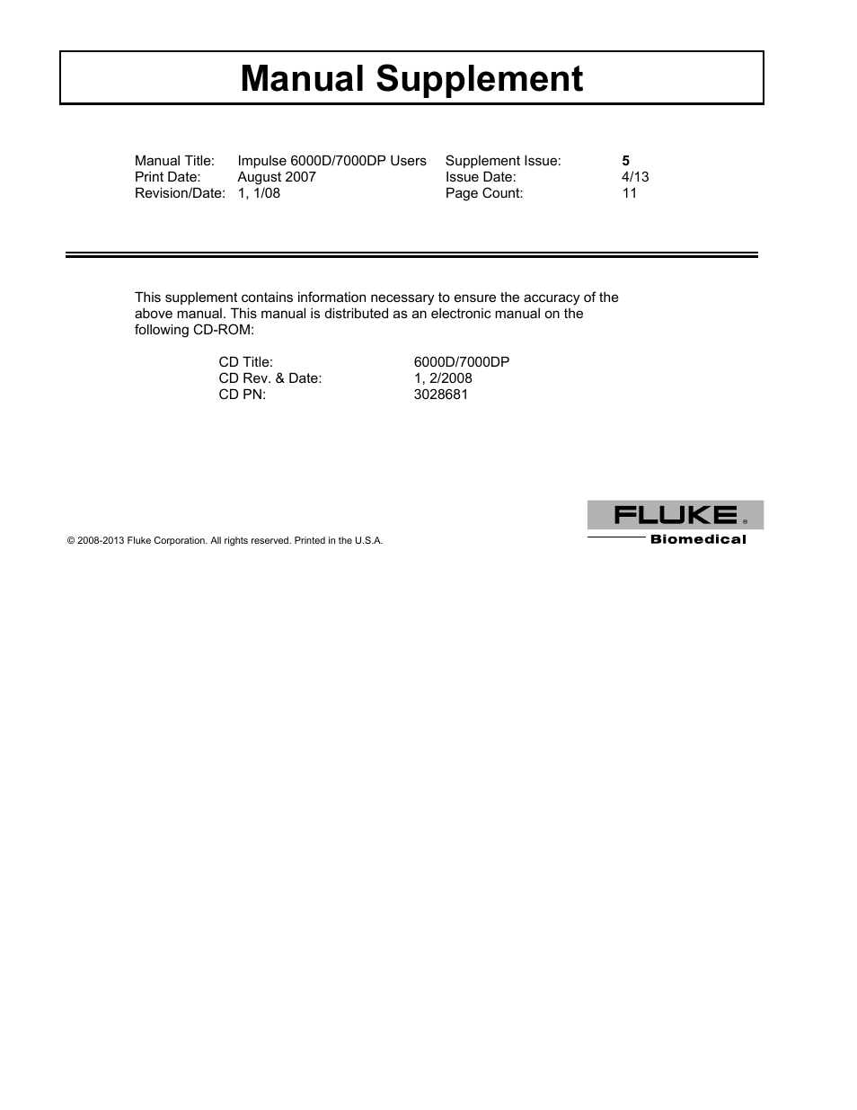 Fluke Biomedical 6000D Impulse Supplement User Manual | 12 pages