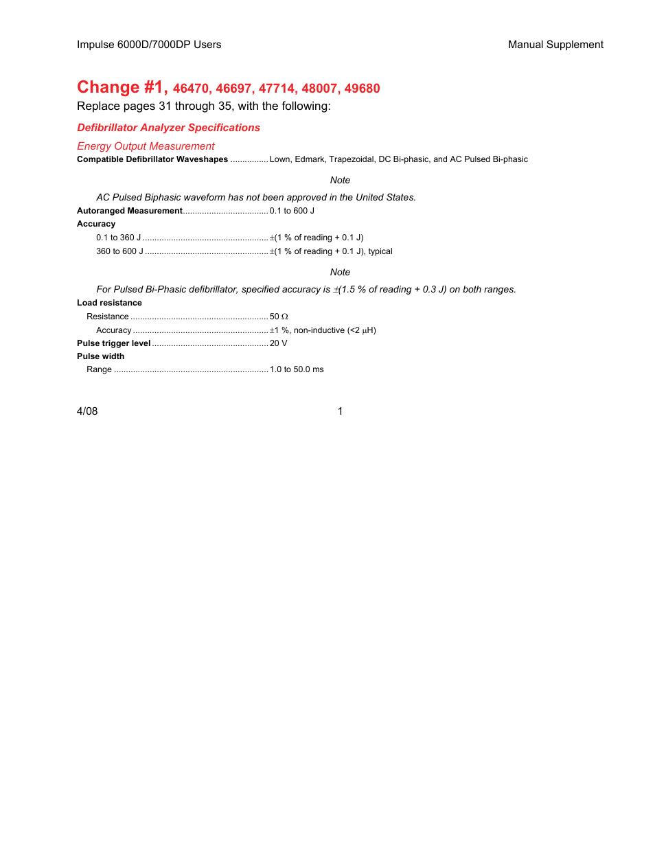 Change #1 | Fluke Biomedical 6000D Impulse Supplement User Manual | Page 2 / 12