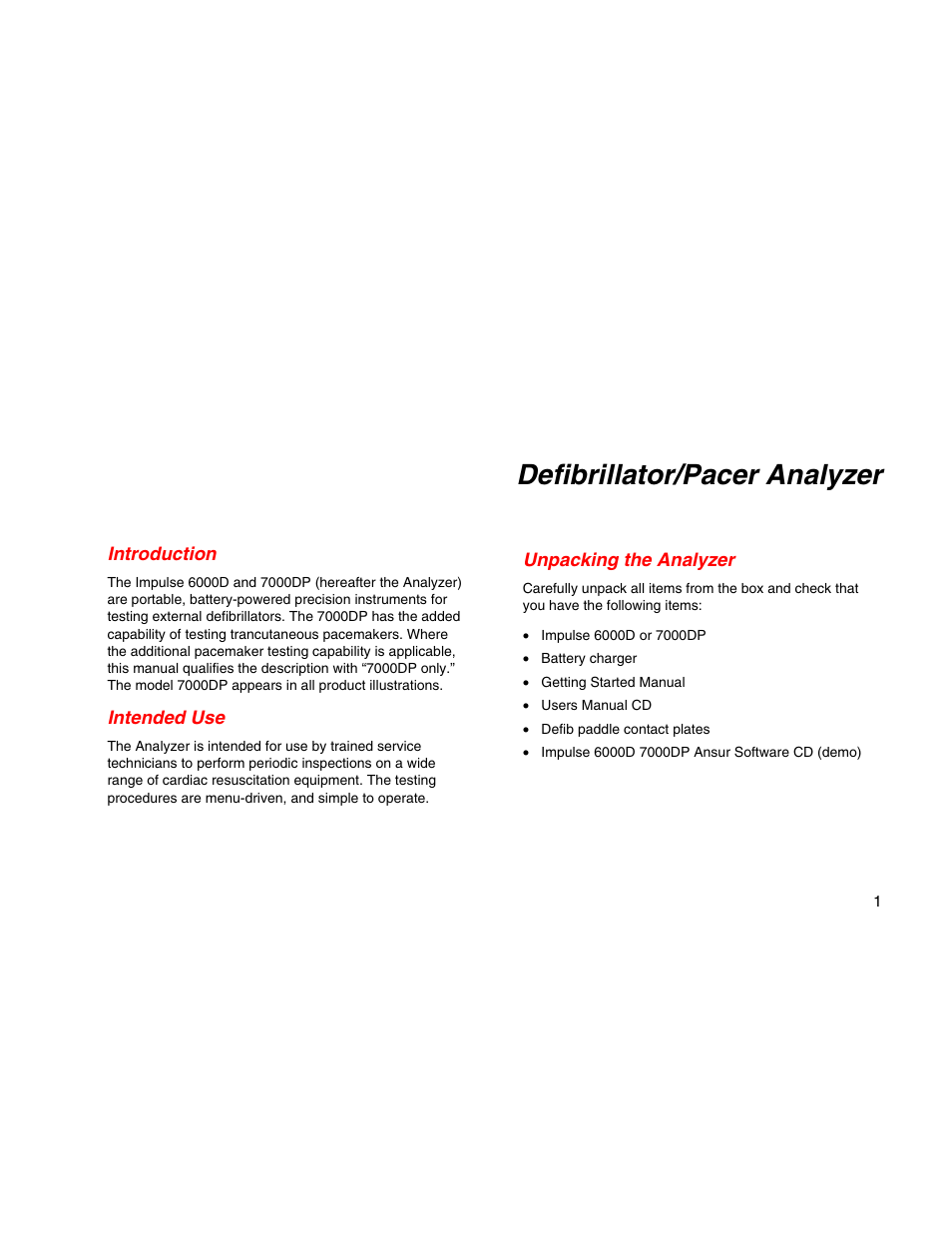 Defibrillator/pacer analyzer, Introduction, Intended use | Unpacking the analyzer | Fluke Biomedical 6000D Impulse Getting Started User Manual | Page 13 / 36