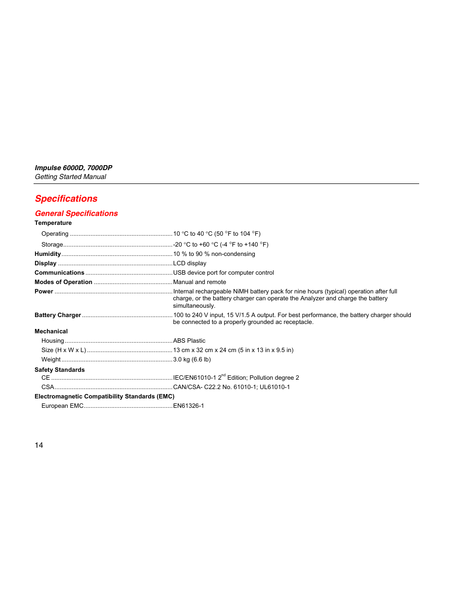Specifications, General specifications | Fluke Biomedical 6000D Impulse Getting Started User Manual | Page 26 / 36
