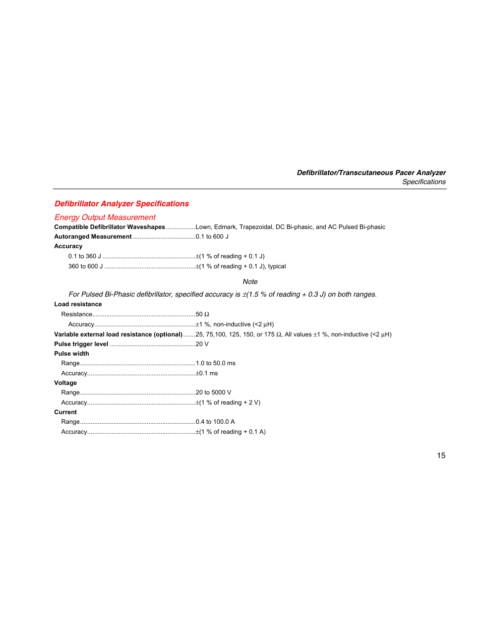 Defibrillator analyzer specifications, Energy output measurement | Fluke Biomedical 6000D Impulse Getting Started User Manual | Page 27 / 36