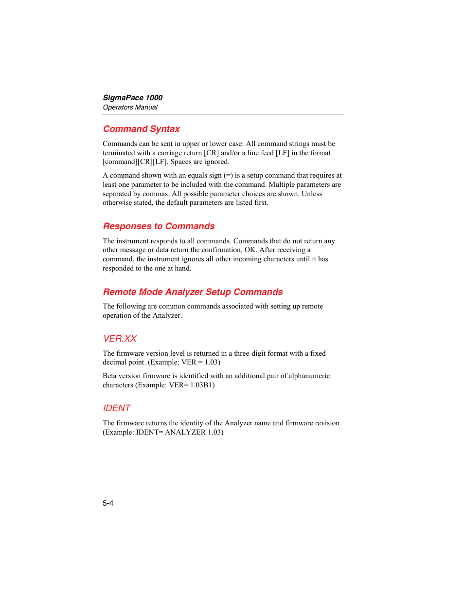 Command syntax, Responses to commands, Remote mode analyzer setup commands | Fluke Biomedical SigmaPace 1000 User Manual | Page 134 / 154