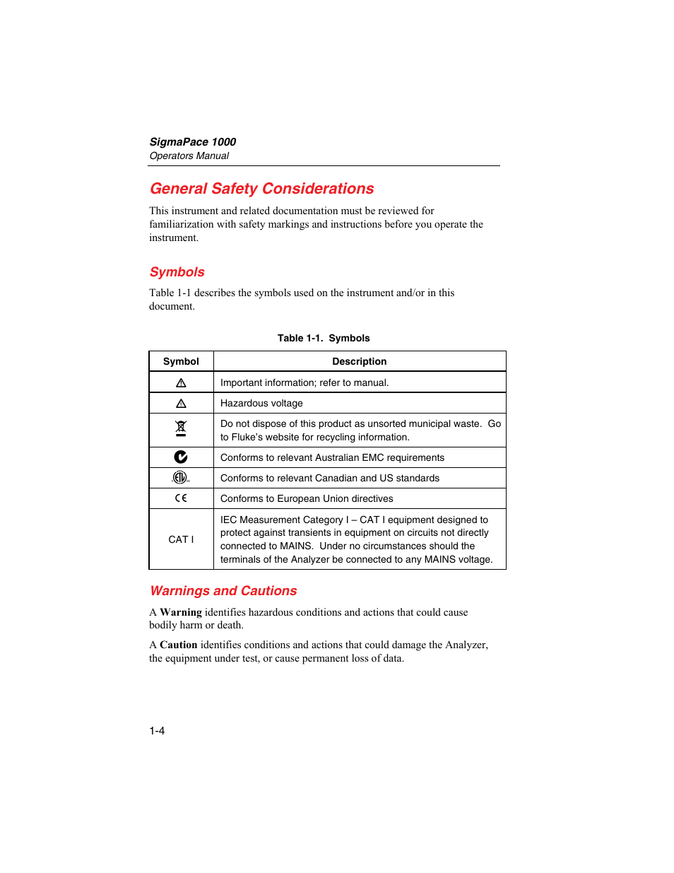 General safety considerations, Symbols, Warnings and cautions | Fluke Biomedical SigmaPace 1000 User Manual | Page 18 / 154
