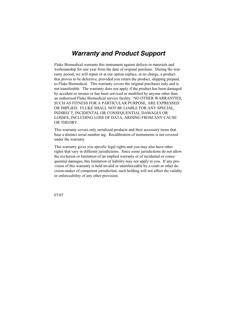 Warranty, Warranty and product support | Fluke Biomedical SigmaPace 1000 User Manual | Page 2 / 154