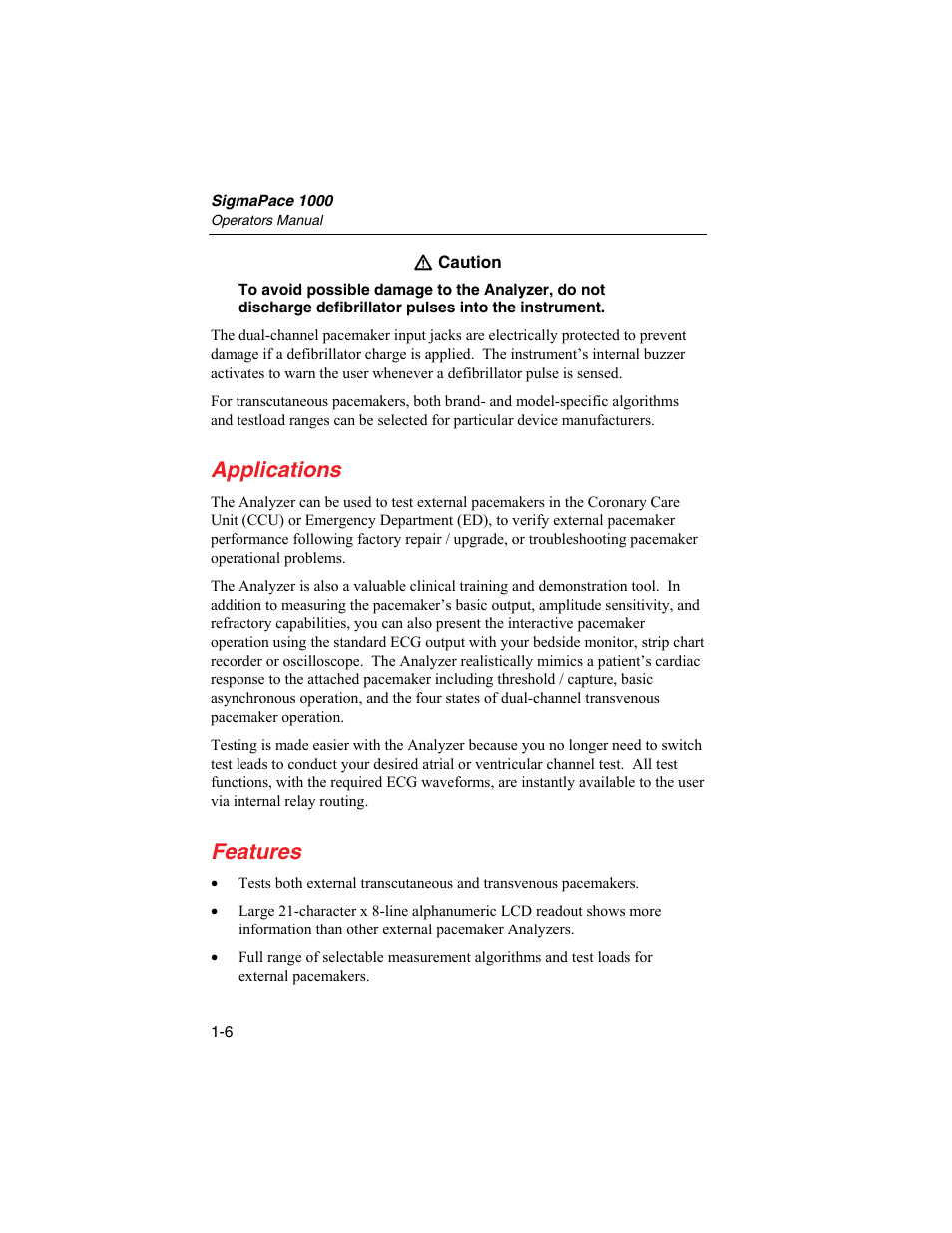 Applications, Features | Fluke Biomedical SigmaPace 1000 User Manual | Page 20 / 154