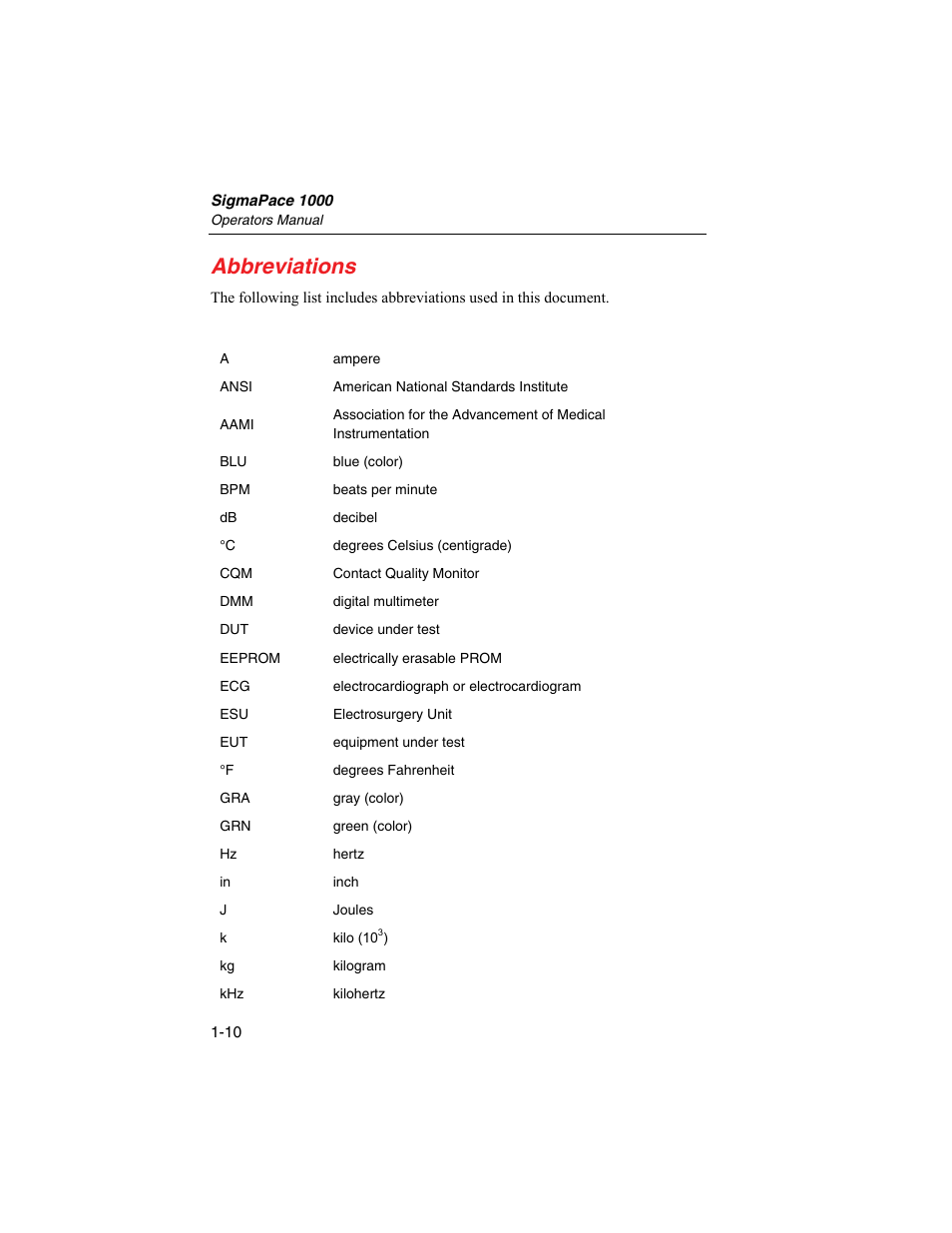 Abbreviations | Fluke Biomedical SigmaPace 1000 User Manual | Page 24 / 154