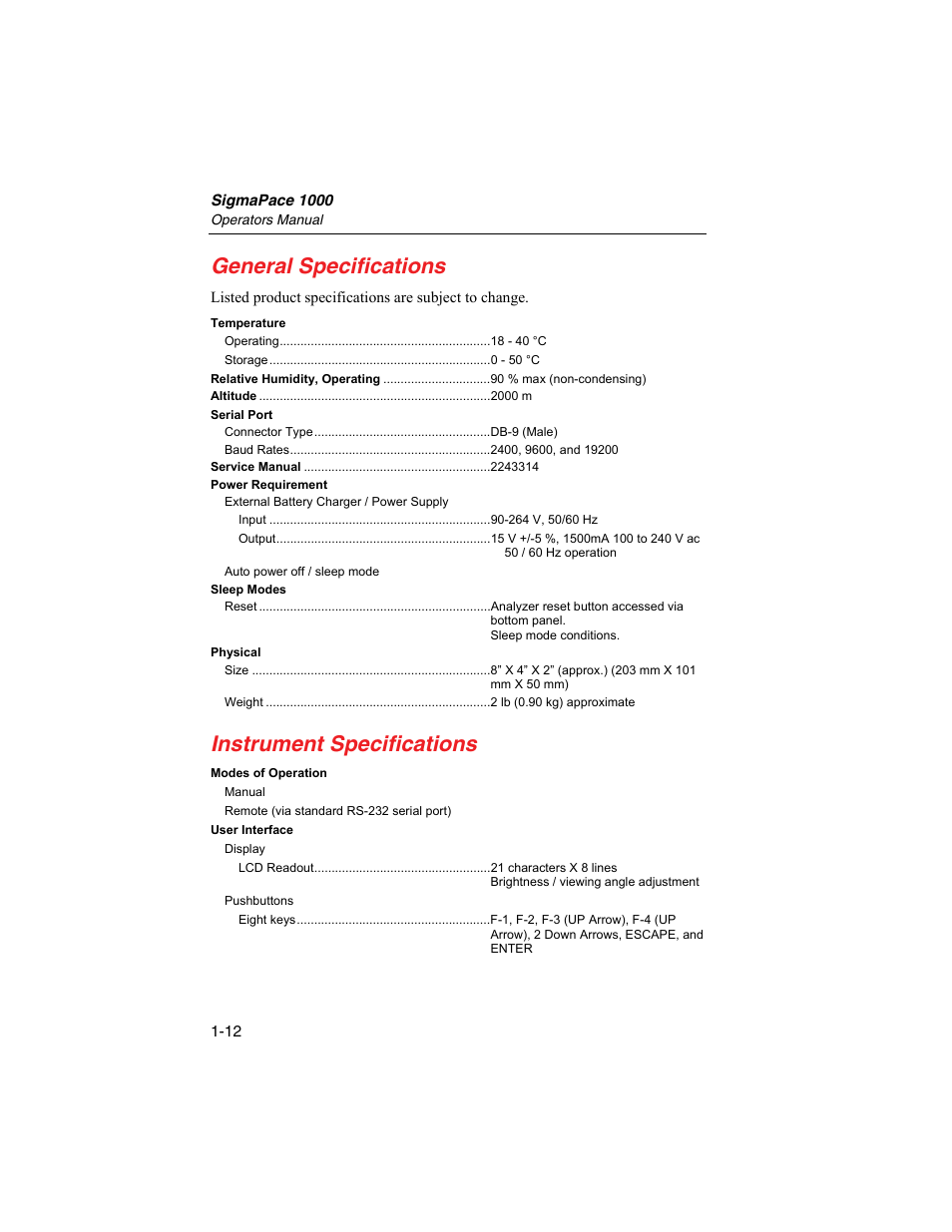 General specifications, Instrument specifications | Fluke Biomedical SigmaPace 1000 User Manual | Page 26 / 154