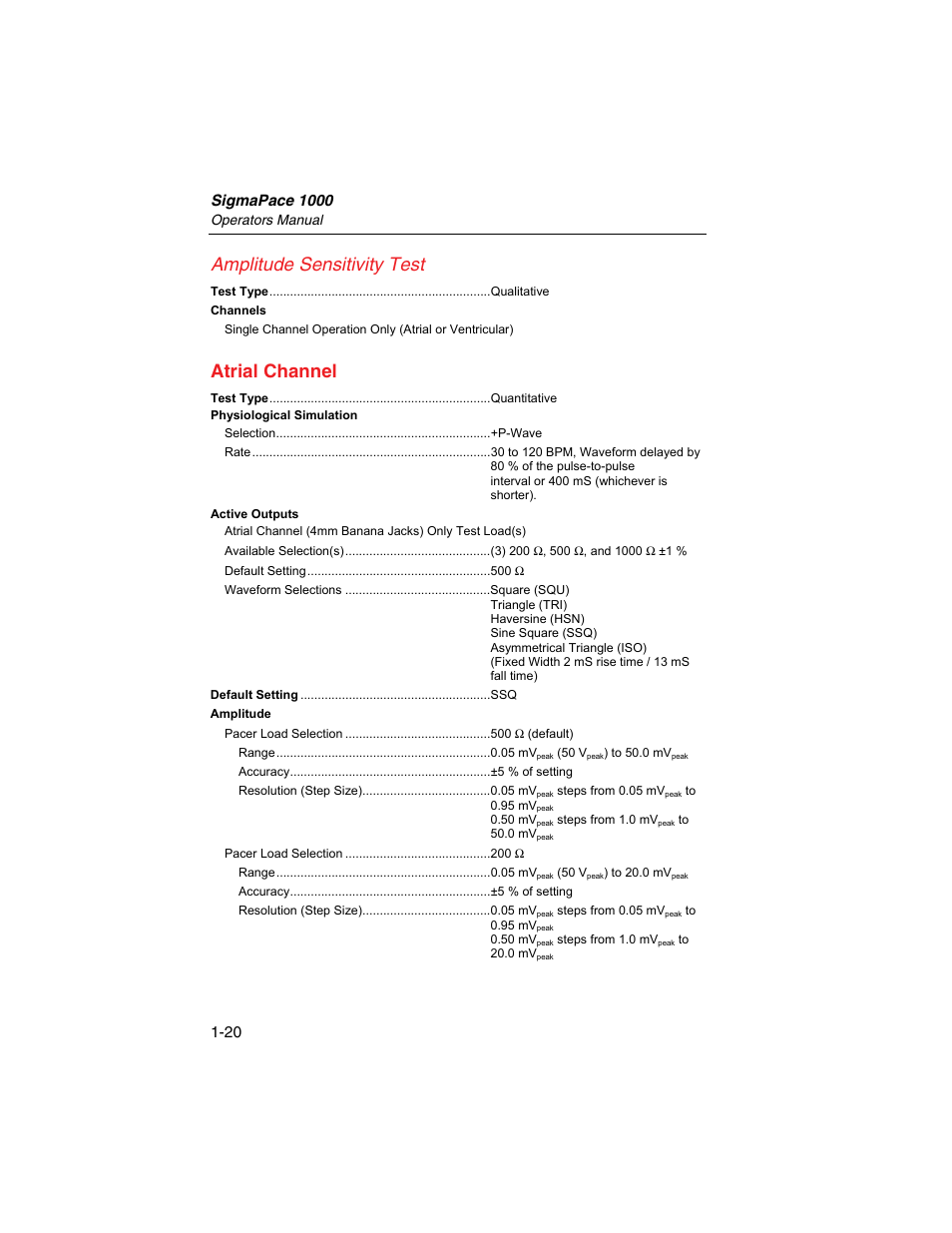 Amplitude sensitivity test, Atrial channel, Sigmapace 1000 | Fluke Biomedical SigmaPace 1000 User Manual | Page 34 / 154