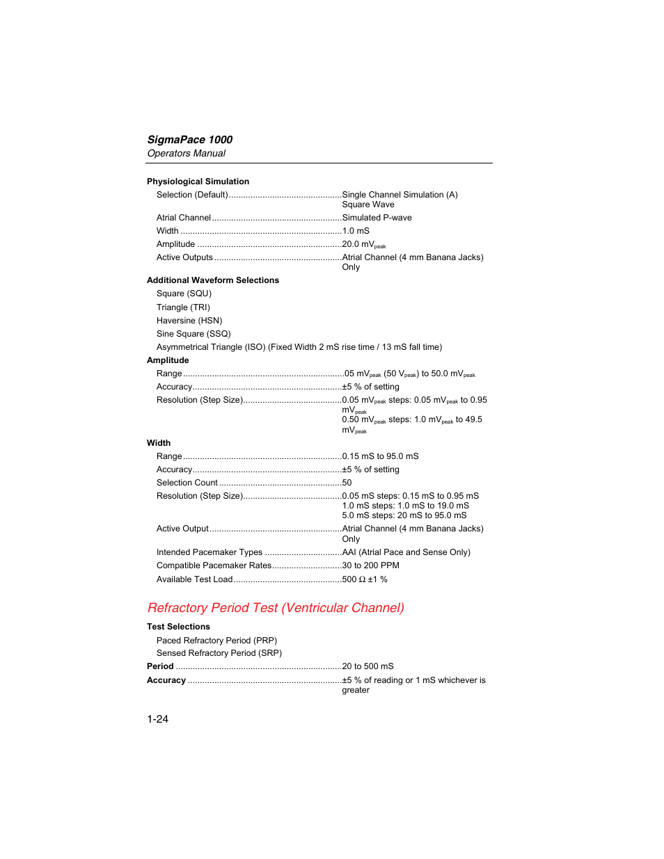 Refractory period test (ventricular channel), Sigmapace 1000 | Fluke Biomedical SigmaPace 1000 User Manual | Page 38 / 154