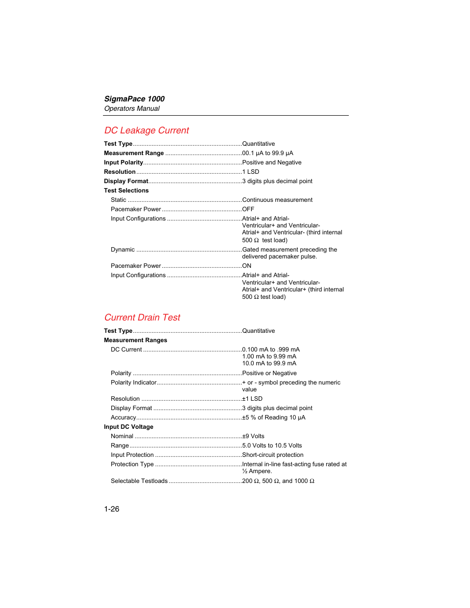 Dc leakage current, Current drain test | Fluke Biomedical SigmaPace 1000 User Manual | Page 40 / 154