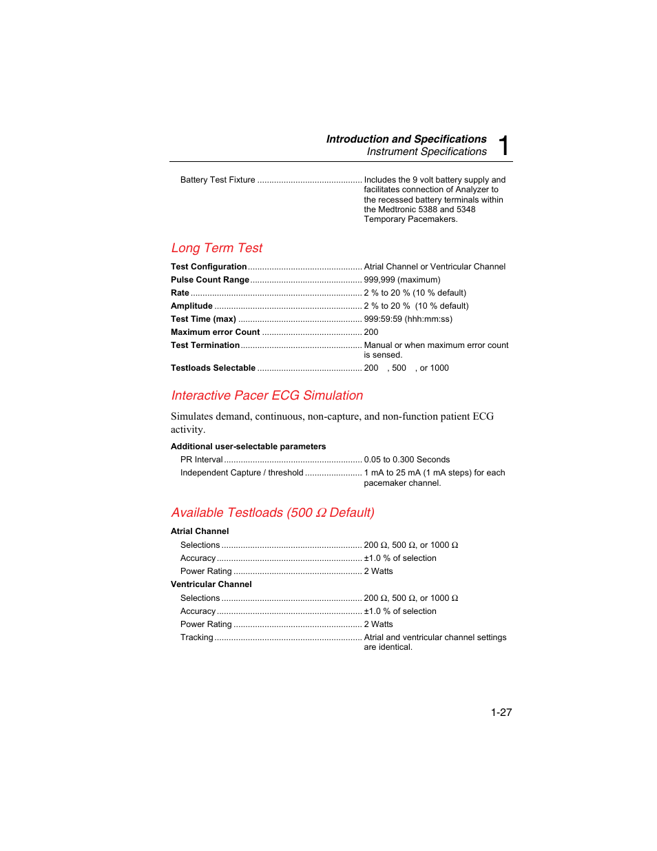 Long term test, Interactive pacer ecg simulation, Available testloads (500 | Default) | Fluke Biomedical SigmaPace 1000 User Manual | Page 41 / 154