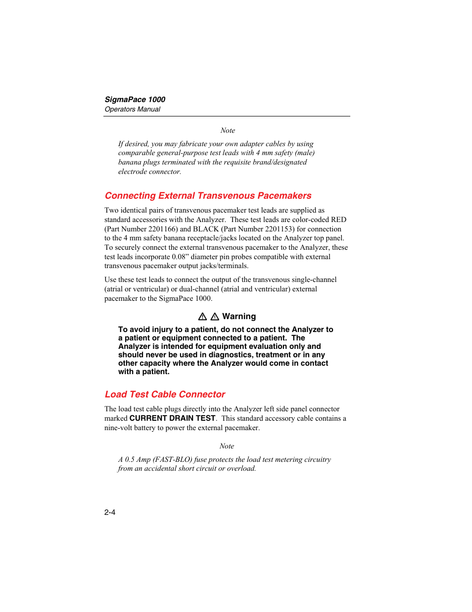 Connecting external transvenous pacemakers, Load test cable connector | Fluke Biomedical SigmaPace 1000 User Manual | Page 48 / 154