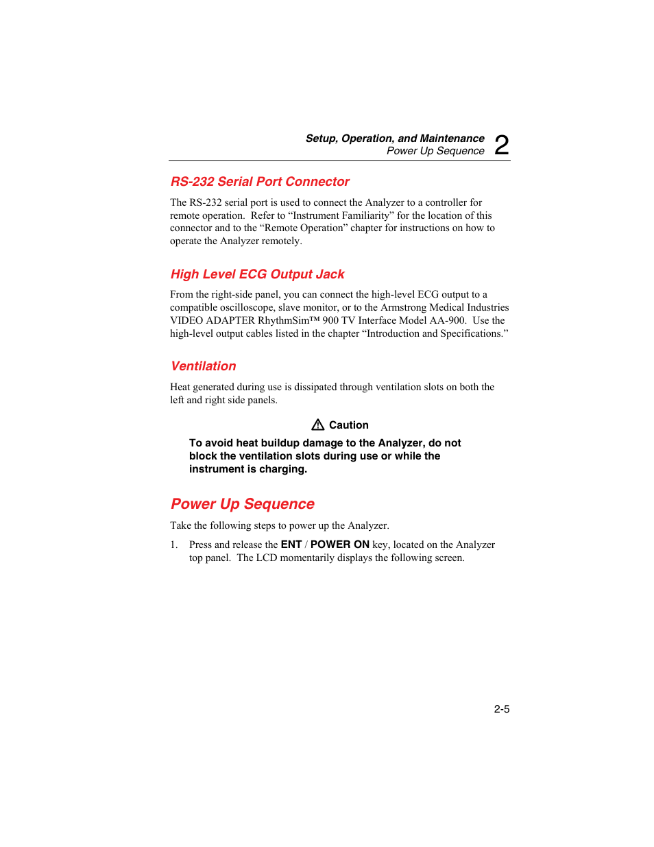Rs-232 serial port connector, High level ecg output jack, Ventilation | Power up sequence | Fluke Biomedical SigmaPace 1000 User Manual | Page 49 / 154