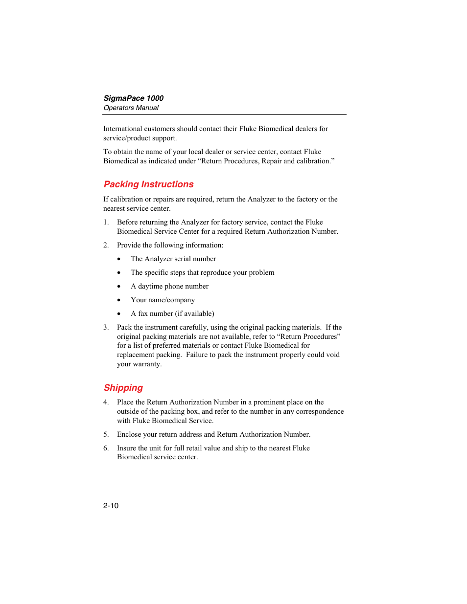 Packing instructions, Shipping | Fluke Biomedical SigmaPace 1000 User Manual | Page 54 / 154