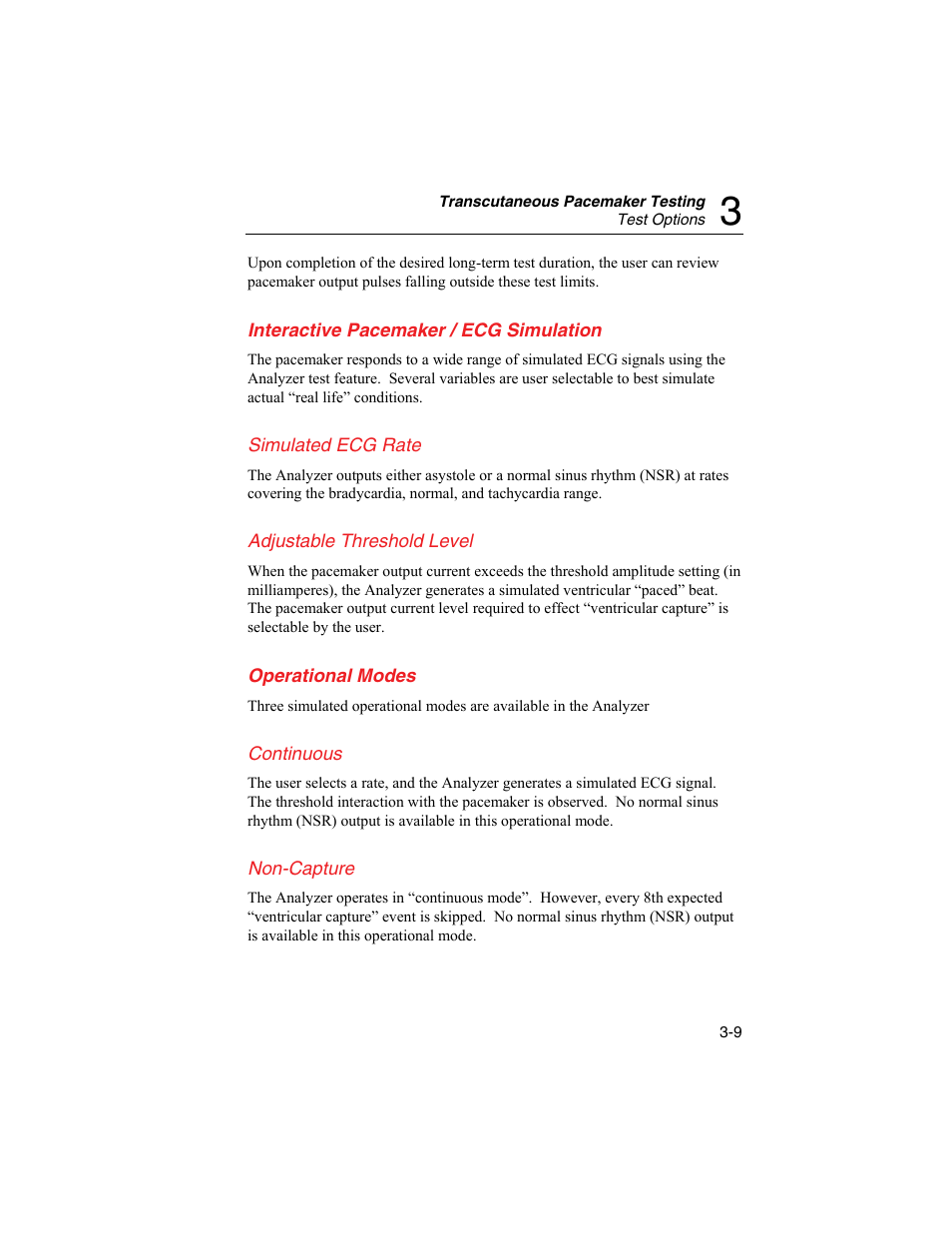 Interactive pacemaker / ecg simulation, Simulated ecg rate, Adjustable threshold level | Operational modes, Continuous, Non-capture | Fluke Biomedical SigmaPace 1000 User Manual | Page 63 / 154