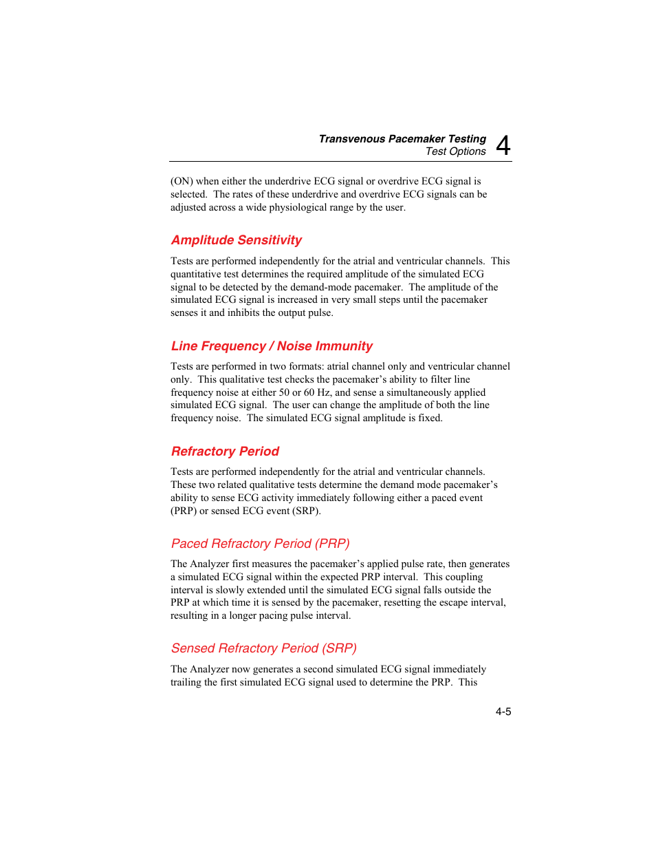Amplitude sensitivity, Line frequency / noise immunity, Refractory period | Paced refractory period (prp), Sensed refractory period (srp) | Fluke Biomedical SigmaPace 1000 User Manual | Page 91 / 154