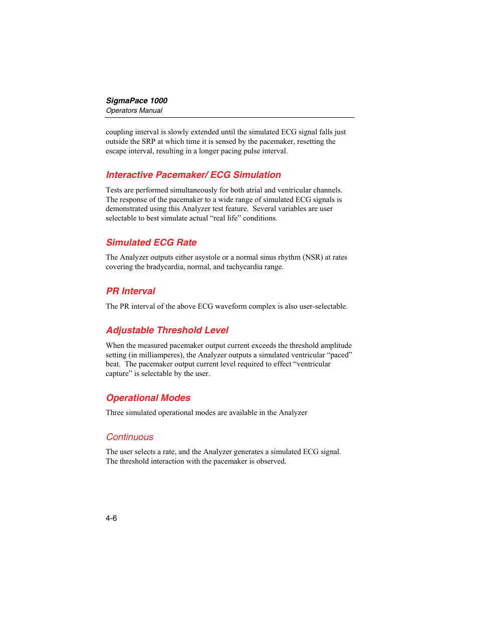 Interactive pacemaker/ ecg simulation, Simulated ecg rate, Pr interval | Adjustable threshold level, Operational modes, Continuous | Fluke Biomedical SigmaPace 1000 User Manual | Page 92 / 154