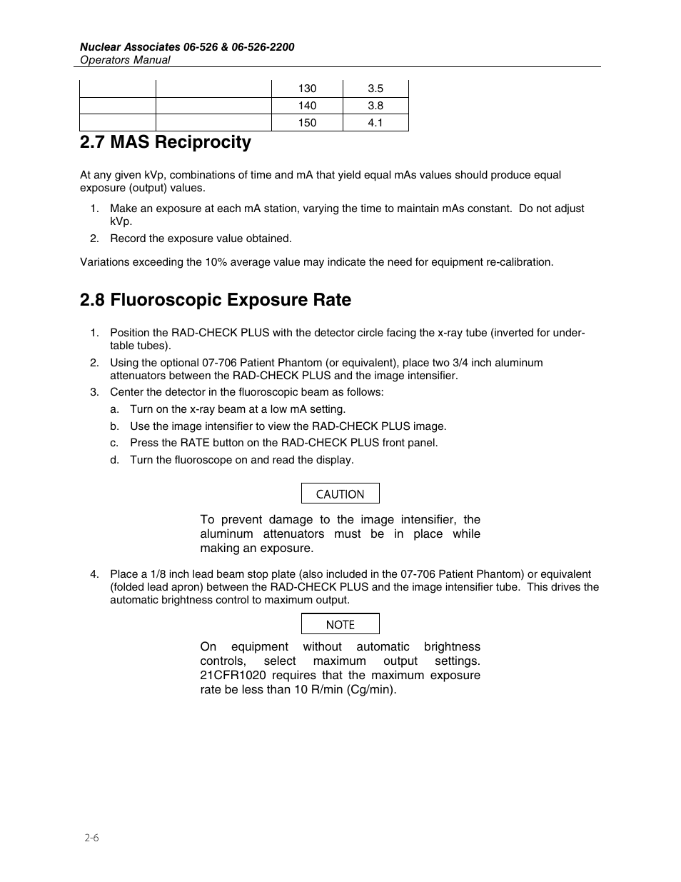 7 mas reciprocity, 8 fluoroscopic exposure rate | Fluke Biomedical 06-526 User Manual | Page 14 / 26