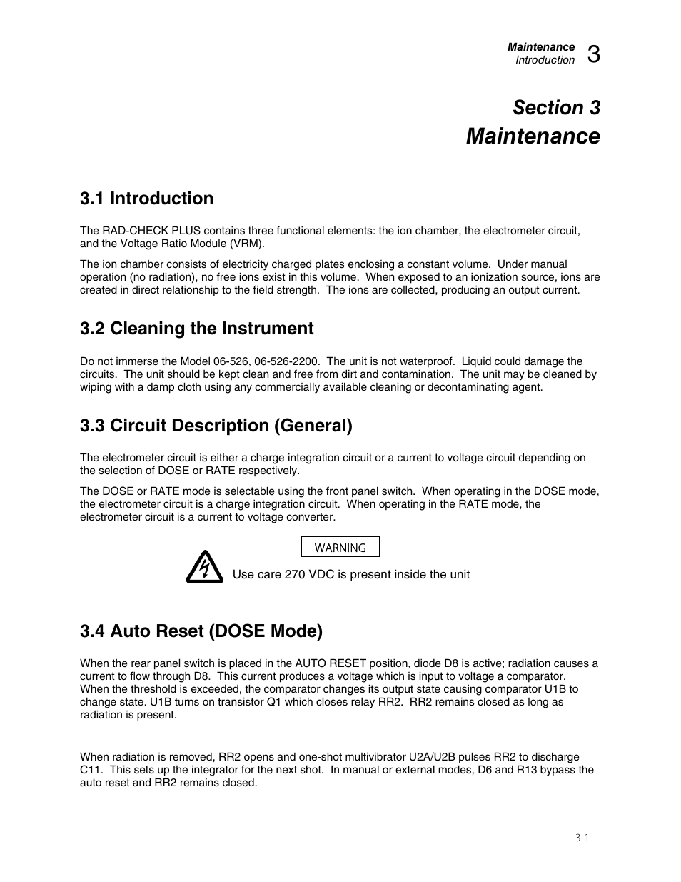Maintenance, 1 introduction, 2 cleaning the instrument | 3 circuit description (general), 4 auto reset (dose mode) | Fluke Biomedical 06-526 User Manual | Page 21 / 26