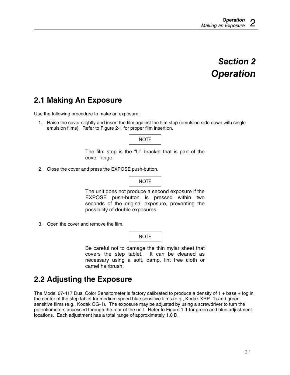 Operation, 1 making an exposure, 2 adjusting the exposure | Fluke Biomedical 07-417 User Manual | Page 9 / 16