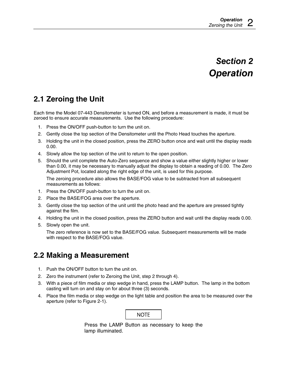 Operation, 1 zeroing the unit, 2 making a measurement | Fluke Biomedical 07-443 User Manual | Page 7 / 14