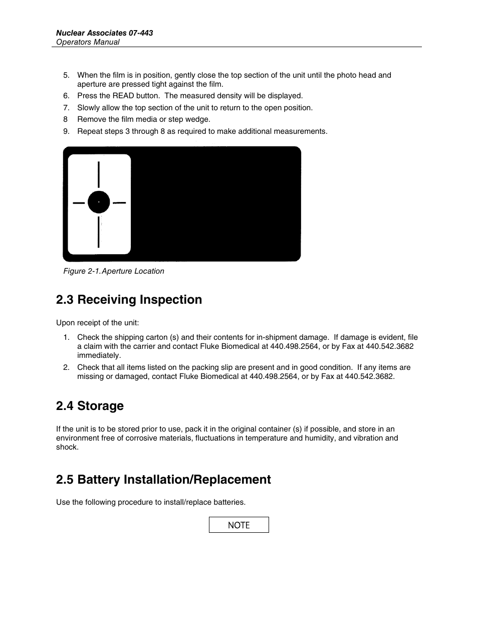 3 receiving inspection, 4 storage, 5 battery installation/replacement | Fluke Biomedical 07-443 User Manual | Page 8 / 14
