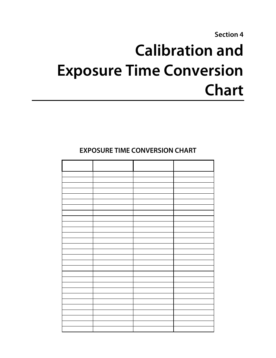 Calibration and exposure time conversion chart, Calibration, Exposure time conversion chart | Fluke Biomedical 07-453 User Manual | Page 11 / 24