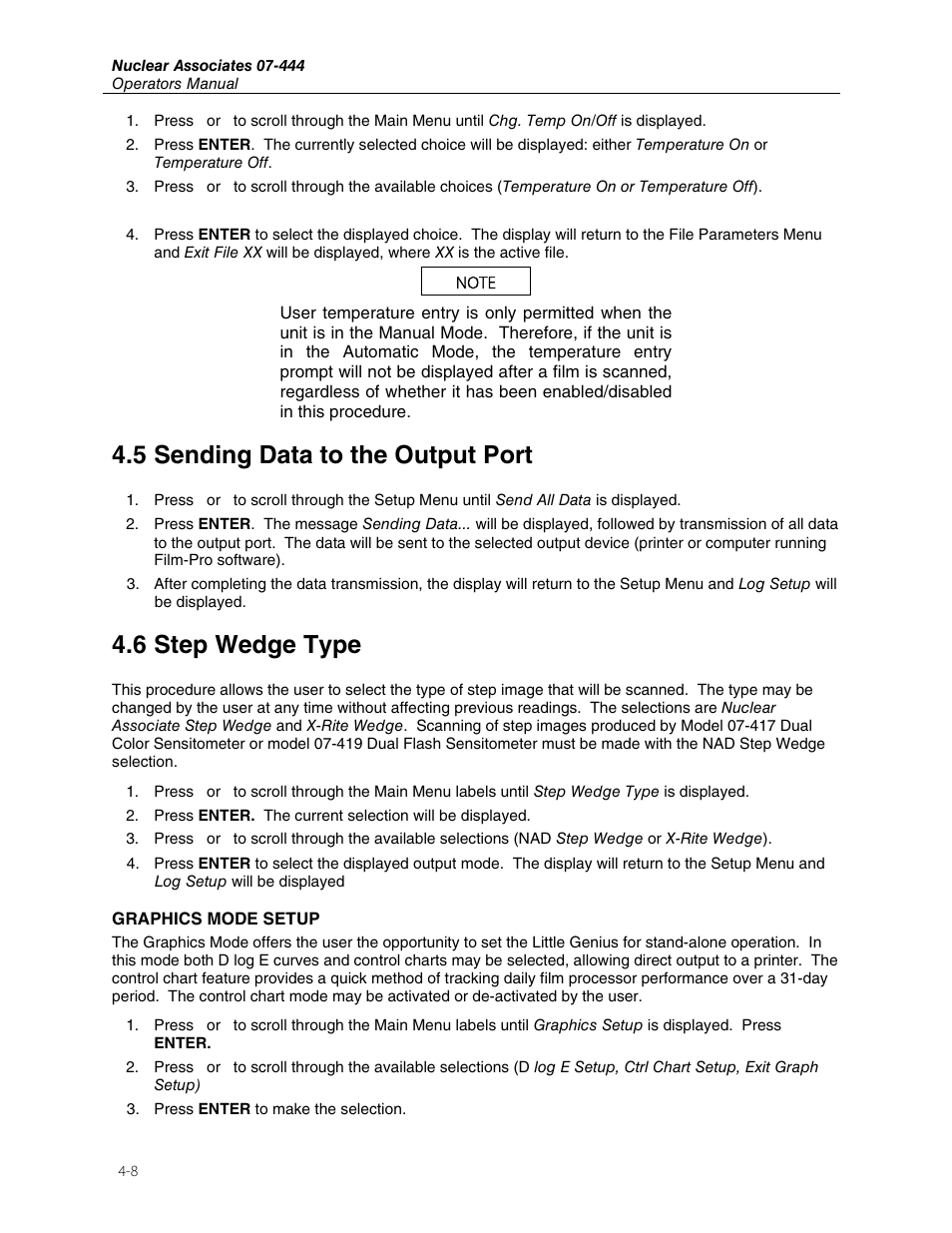 5 sending data to the output port, 6 step wedge type | Fluke Biomedical 07-444 User Manual | Page 22 / 46